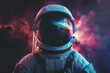 Front view astronaut potrait. Astronaut in space suit with galaxy and nebula reflection in helmet glass
