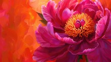 A Striking Dark Pink Peony Blooms Vibrantly Against A Backdrop Of Bright Orange