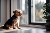 Fototapeta Perspektywa 3d - 'cute pets looking two owner small away dog standing searching legs indoors waiting window pet indoor home nobody jack russell beautiful happy friendship sad observe animal terrier remember look calm'