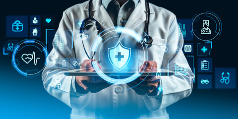 Wall Mural - Doctor offer a tablet, glowing medical icons. Ai generative illustration