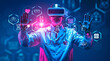 © ImageFlow - Doctor in vr headset hands touch medical icons. Ai generative illustration