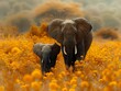 Tranquil Beauty: Elephants Amidst Vibrant Golden Flora