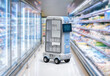 Delivery robot trolley or robotic shopping assistant deliver products in supermarket