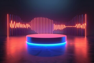 Wall Mural - 3d rendering empty cylinder podium with neon soundwave. Abstract scene for product display.