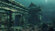 A lone diver braves the treacherous currents to explore the ruins of an underwater temple its walls still adorned with intricate murals . .