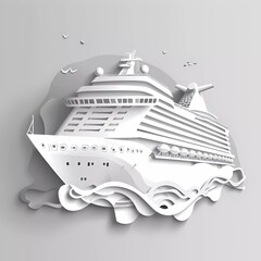 Paper cut cruise ship isolated on gray background. Paper art style. Vector