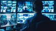 © PrusarooYakk - Security personnel monitoring CCTV feeds on multiple screens, intense focus, dark and modern control room