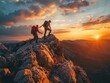 © fanjianhua - At sunrise, climbers climb the mountain peak, silhouetted