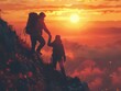 © fanjianhua - At sunrise, climbers climb the mountain peak, silhouetted