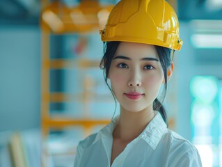 Wall Mural - A female technician wearing a yellow safety helmet