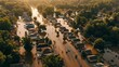 Catastrophic Flood in Suburban Neighborhood: Dam Breach, Houses Inundated, Residents Await Rescue on Rooftops