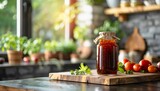 Fototapeta Uliczki - Homemade organic tomato sauce in a glass jar on a wooden table.