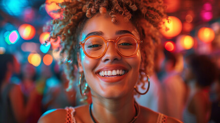 Young woman in a joyous happy mood singing at corporate summer event