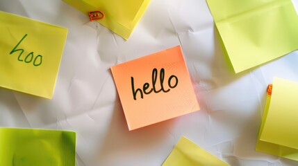 Sticker - Yellow and green sticky notes on a white paper backdrop with the word hello written on a yellow note