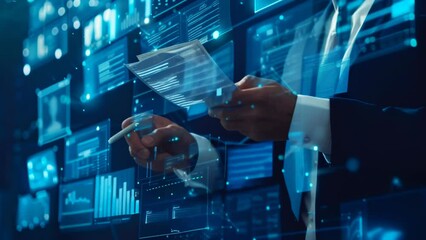 businessman navigates digital document management system, enabling efficient organization, storage, 