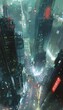 Experience a high-angle view of a dystopian cityscape, where towering skyscrapers loom over deserted streets below, illuminated by flickering neon lights, showcasing robotics advancements in an eerie,