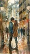 Illustrate a watercolor scene of two lovers sharing a kiss in a bustling city square, drawing from the Romanticism movement, with a focus on dramatic lighting and emotional expression to capture the e