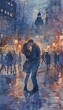 Illustrate a watercolor scene of two lovers sharing a kiss in a bustling city square, drawing from the Romanticism movement, with a focus on dramatic lighting and emotional expression to capture the e
