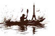 Brown watercolor paint of people falling offer in a kayak by eiffel tower