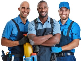 Holding cleaning tools in hand, portraits of three male cleaners