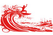 Red illustration of a surfer catching and riding the ocean wave