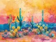 Serene desert cactus, vibrant watercolor in bright pastel hues, hand drawn, capturing the hot and dry environment