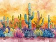 Serene and beautiful desert cactus, vibrant watercolor in bright pastel hues, hand drawn, capturing the hot and dry environment