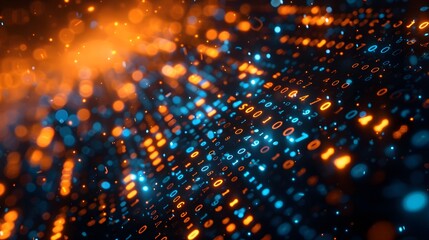 Digital data technology background with binary code, closeup view, bokeh effect, blue and orange tones, dark atmosphere. For Design, Background, Cover, Poster, Banner, PPT, KV design, Wallpaper