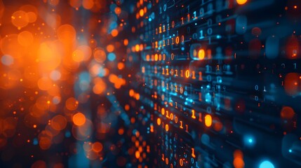 Digital data technology background with binary code, closeup view, bokeh effect, blue and orange tones, dark atmosphere. For Design, Background, Cover, Poster, Banner, PPT, KV design, Wallpaper
