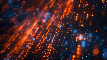 Wall Mural - Digital data technology background with binary code, closeup view, bokeh effect, blue and orange tones, dark atmosphere. For Design, Background, Cover, Poster, Banner, PPT, KV design, Wallpaper