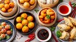 Chinese style food, Asian food, steamed food, fried food, dim sum basket style