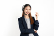 Cheerful beautiful Asian woman consultant wearing microphone headset of customer support phone operator at workplace on white background.