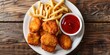 Fried chicken nuggets with ketchup and fries on a white plate over a wooden background