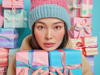 Wall Mural - A young woman holding a bunch of gift boxes