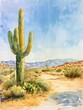 Bright pastel watercolor of a charming cactus in a desert setting, hand drawn, serene and peaceful nature scene