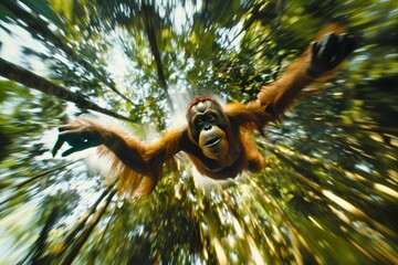 A close up of a large orange orangutan flying through the trees.
