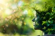 an illustration of a side profile of a person's head composed of natural elements like moss, leaves, and branches, radiant bokeh effect background that conveys a sense of harmony with nature