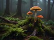 Vibrant fungi and moss growing on an old stump in a misty forest, generative AI