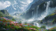 A misty mountain landscape with waterfalls cascading down slopes adorned with fresh spring wildflowers, Generative AI