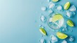 Gin and Tonic with lime wedge and ice block on top of blue background with copyspace for text