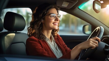 Wall Mural - Driving elegance: handsome woman behind the wheel of car - embodying grace and confidence as a stylish woman navigates the road, merging sophistication with automotive prowess.