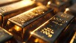 Close-up 3D visualization of neatly stacked gold bars, with each bar engraved with symbols of global currency, emphasizing wealth