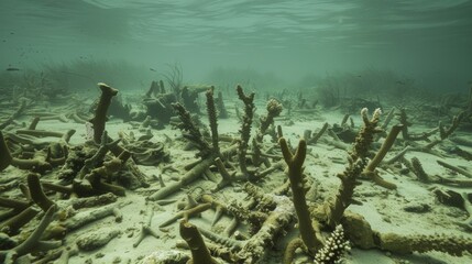 Wall Mural - Coral Graveyard: Desolate, bleached coral reef with skeletal remains stretching across sandy ocean floor