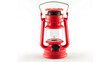 Red vintage-style lantern with a clear glass chamber and black handle on a white background.