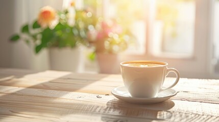 Sticker - Close up of a fragrant coffee cup placed on a pale wooden table