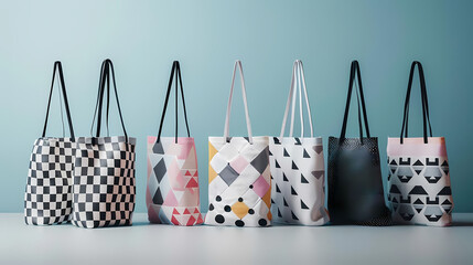 Wall Mural - geometric patterned tote bags displayed on a transparent background against a blue wall, accompanie