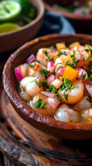 Sticker - Colorful Fresh Ceviche in a Traditional Clay Bowl on a Vibrant Table Setting