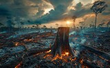 Fototapeta Perspektywa 3d - The burning and cutting down of trees is leading to the devastation of our environment, exacerbating the effects of climate change and contributing to the rise in global temperatures.