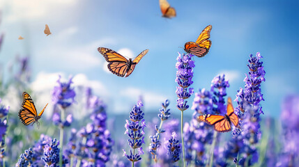 Lavender Flowers field with butterflies in sunny day with blue sky at summer, summer flowers, summer holiday theme.