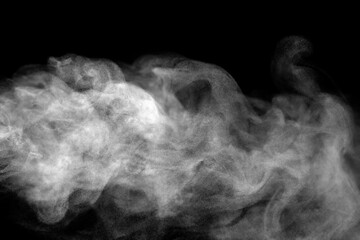 Wall Mural - abstract vapor water, white smoke steam isolated on a black background. concept of texture cold mist or hot vapor, fog effect, and cloud for design air pollution, element smog